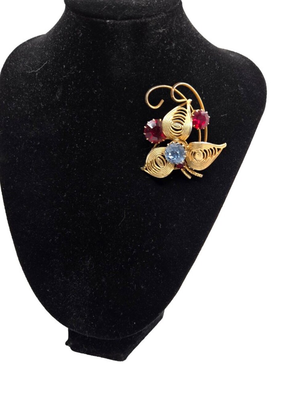 Vintage Gold Plated Filigree Leaf Brooch Red Blue Rhinestone Floral